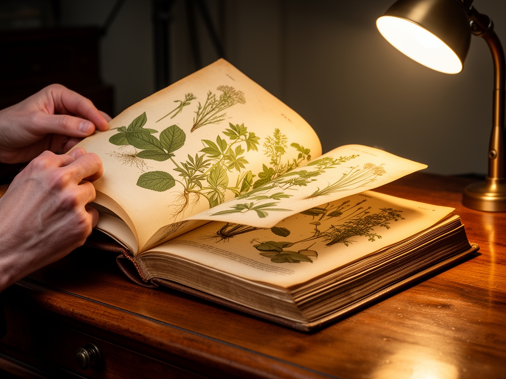 Primo piano di mani che sfogliano un antico libro botanico con illustrazioni di piante su carta ingiallita, su una scrivania in legno massiccio con luce calda di lampada da studio