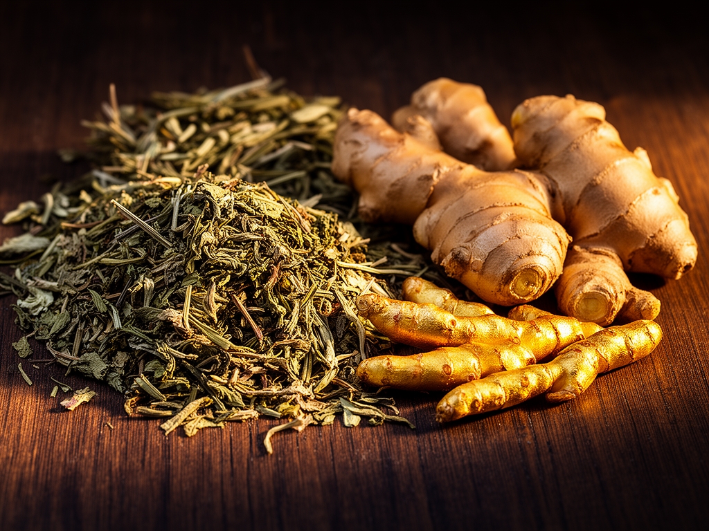 Composizione artistica di piante aromatiche secche, radici di zenzero e rizomi dorati su una superficie di legno scuro con luce calda laterale