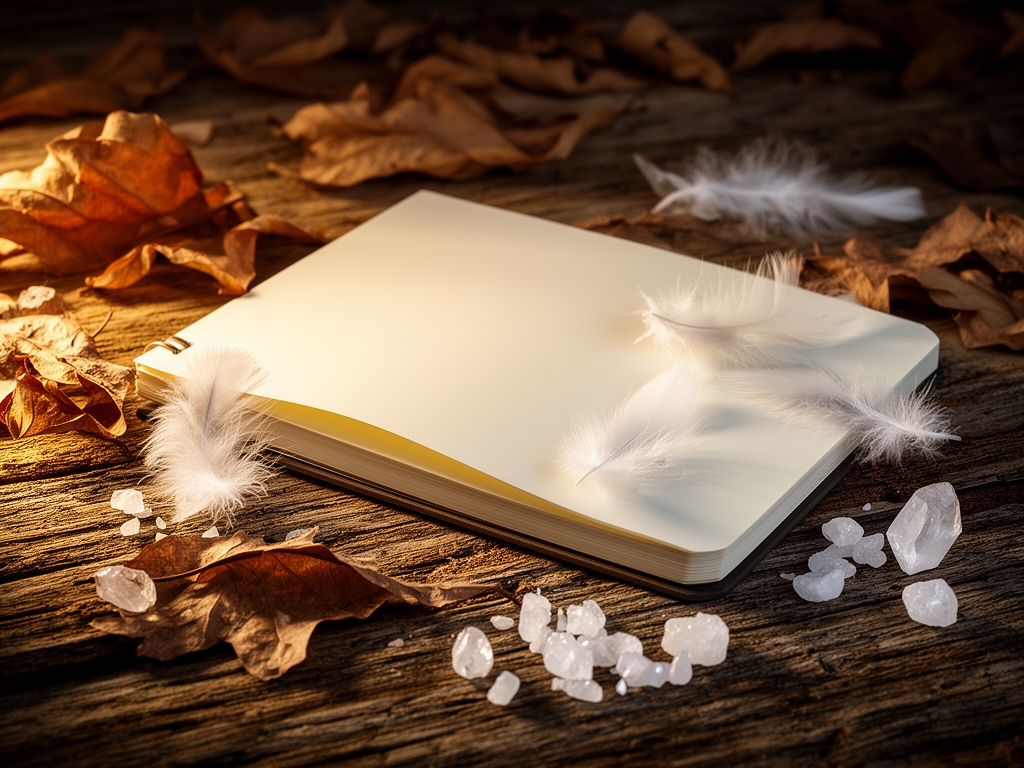 Superficie rustica di legno con foglie secche, un blocco note aperto, piume e piccoli cristalli bianchi in composizione artigianale con luce calda e radente
