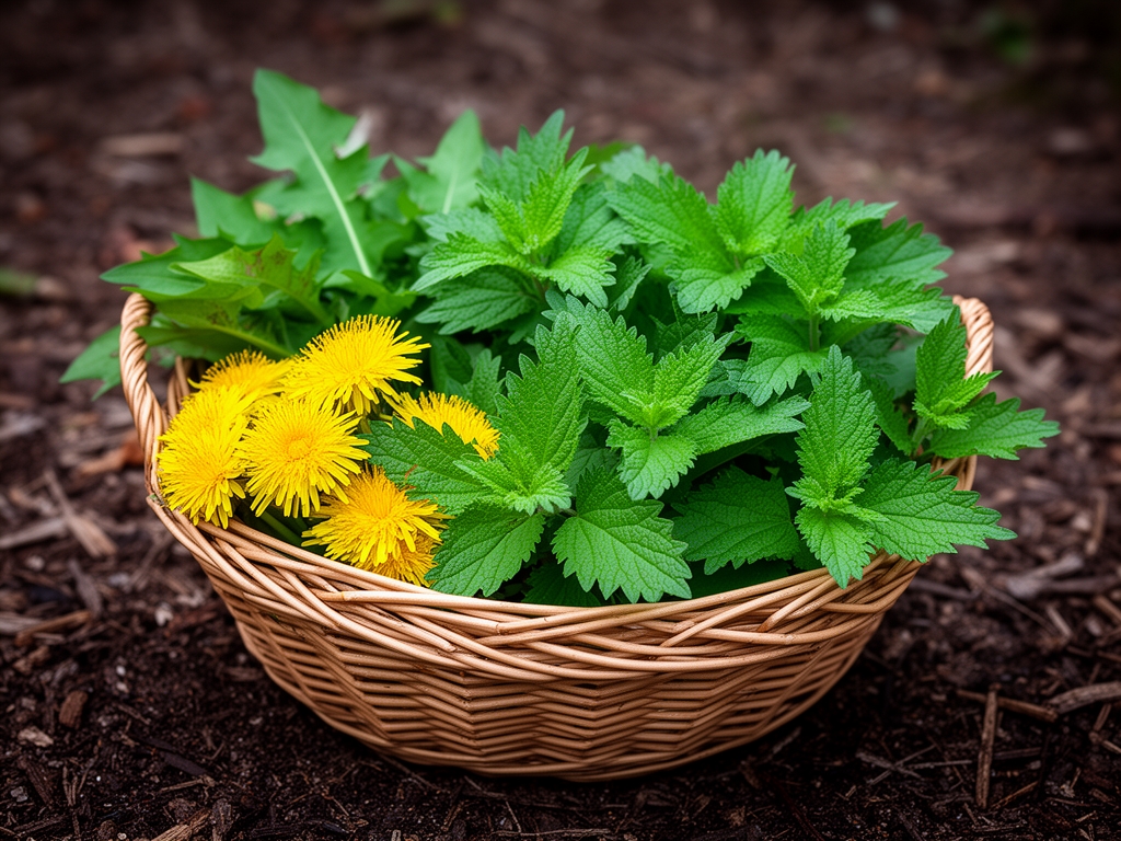 Erbe fresche di primavera — ortica, tarassaco e foglie di menta — raccolte in un cesto di vimini su sfondo di terra umida di bosco con luce naturale diffusa